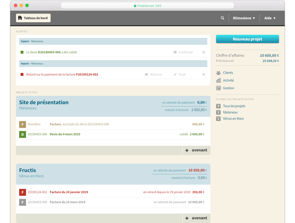 Tableau de bord du logiciel de facturation Freelancer : vue d’ensemble des alertes, projets, documents et chiffres clés de l’activité