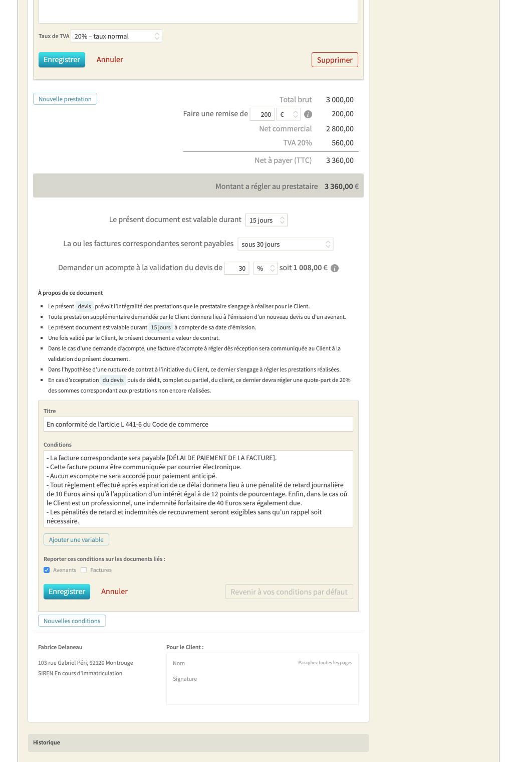 Suite de l’édition d’un devis dans Freelancer : taux de TVA, remises, CGV personnalisables et historique des interactions client